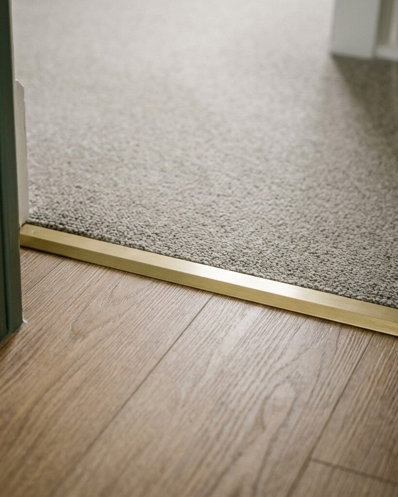 Brushed brass door bar joining grey carpet to an oak effect floor in a doorway