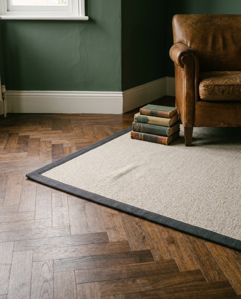 Bespoke bound wool rug with a charcoal border on walnut herringbone