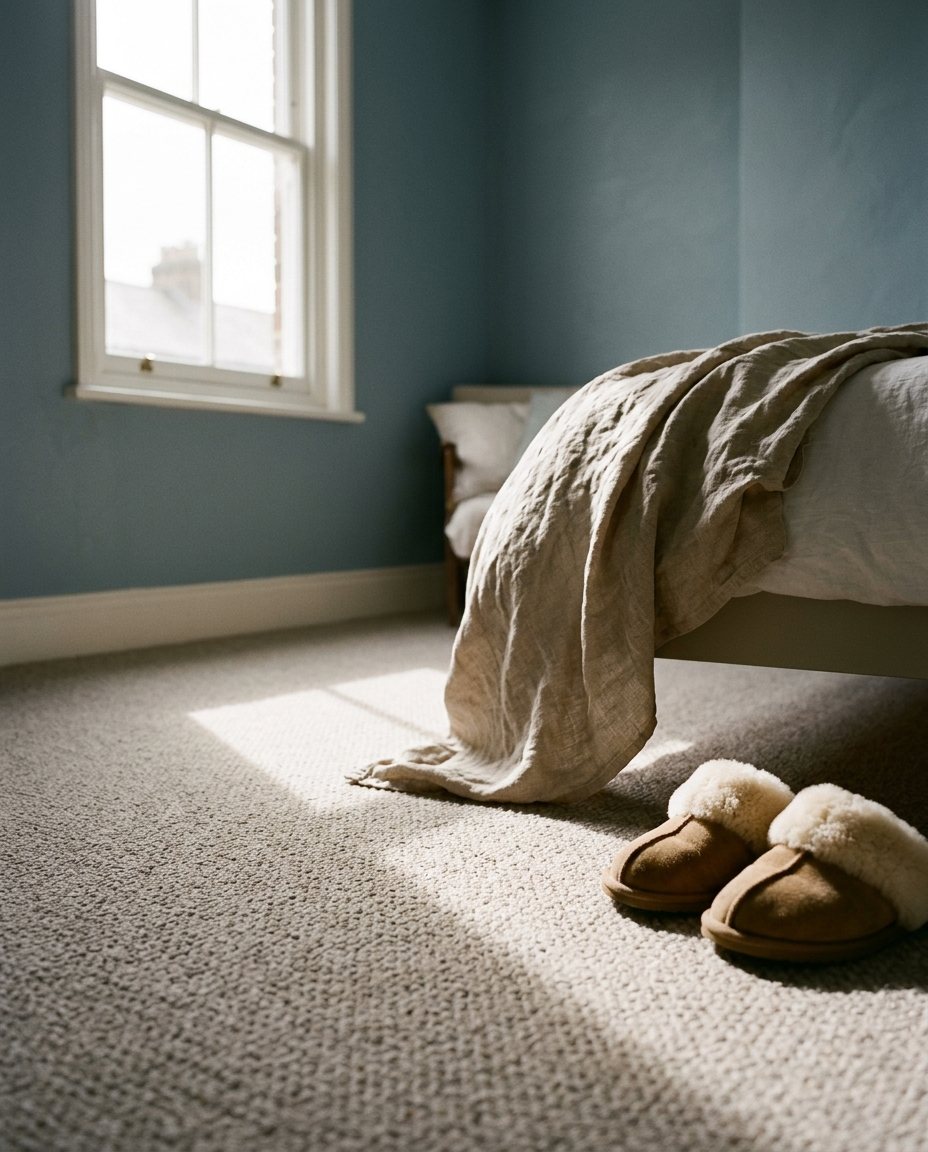 Greige twist carpet in a blue bedroom with sunlight across the floor