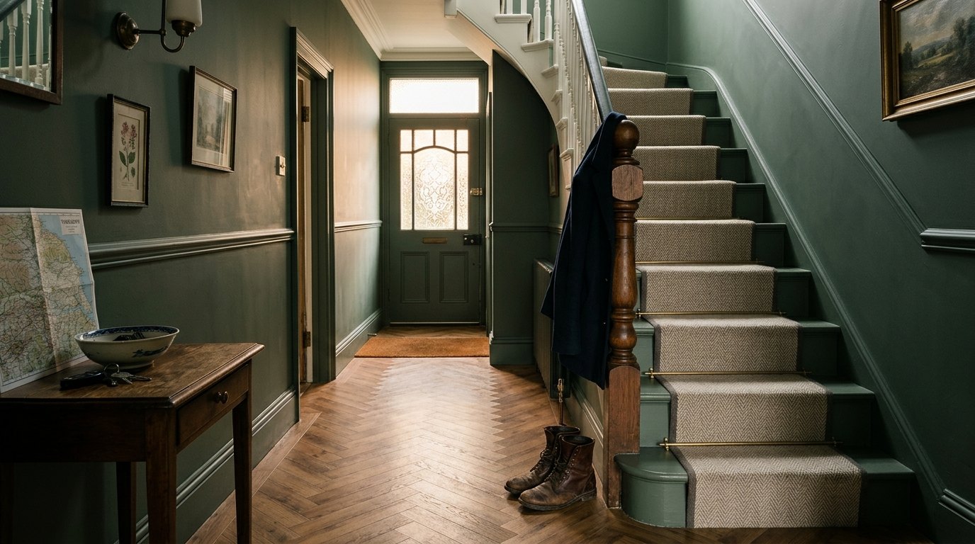 Victorian hallway with oak herringbone LVT and a wool stair runner with brass rods