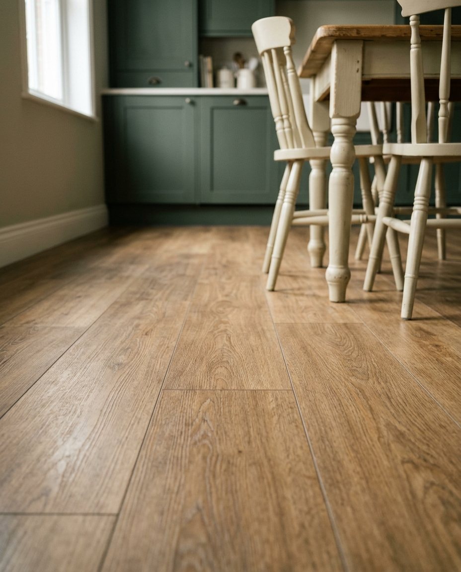 Oak effect LVT planks in a kitchen diner with painted chairs