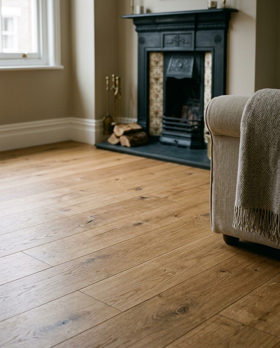 Wide plank oak floor in a living room with a cast iron fireplace and a linen armchair