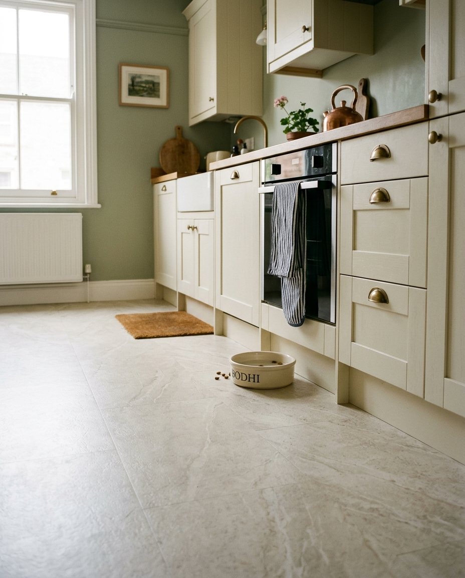 Pale stone effect vinyl in a cream shaker kitchen